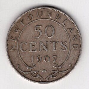 1907 NEWFOUNDLAND CANADA 50 CENT SILVER COIN